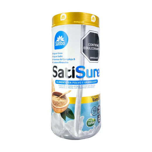 SatiSure alimento en polvo y granulado sabor vainilla, bajo en grasa y sodio, con proteína de soya y stevia